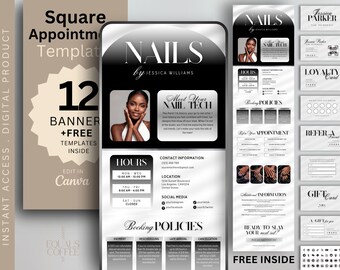 Puede incluir: Producto digital con una plantilla de cita para salón de uñas. El diseño incluye un esquema de color blanco y negro con el texto "NAILS by Jessica Williams". Incluye tarjetas de visita, tarjetas de fidelidad y tarjetas de regalo.