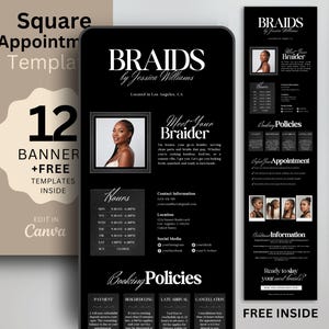Braider Square Booking Template Black Square Appointment Template Minimalist Website Banner Braids Booking Site Template Canva Booking Braid