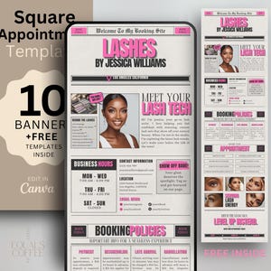 May include: Digital product featuring a square appointment template with 10 banners and free templates. The design includes a phone screen with "Lashes by Jessica Williams" and business information, plus business cards.