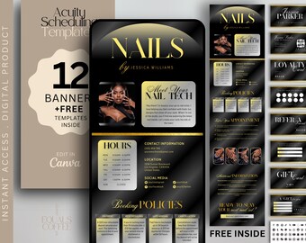 Puede incluir: Plantilla digital para salón de uñas, con diseño en negro y dorado y el texto "NAILS by Jessica Williams". Incluye tarjetas de visita, tarjetas de fidelidad e información de citas. Editable en Canva.