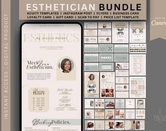 May include: A digital product bundle for estheticians, featuring templates for Instagram posts, flyers, business cards, loyalty cards, gift cards, scan to pay, and price lists. The bundle is editable in Canva and includes a variety of design elements in a neutral color palette.
