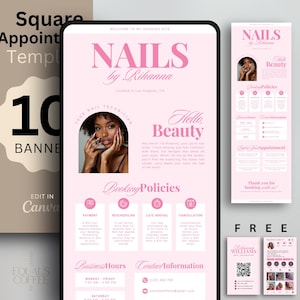 Może przedstawiać: Cyfrowy szablon wizyty w salonie paznokci w kolorze różowym i białym, z napisem "NAILS by Rihanna" i "Hello Beauty". Zawiera zasady rezerwacji i dodatkowe materiały marketingowe. Edytuj w Canva.