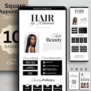 May include: Digital appointment template in black and white for a hair stylist, with the text "HAIR by Rihanna" and a photo of a woman with long, straight hair. Includes business hours, contact information, and booking policies.