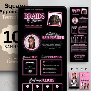 May include: Digital product for a hair braiding business, featuring a black and pink design. The main image is a phone screen with the text "Braids by Jessica" and business information. Includes banners and social media templates.