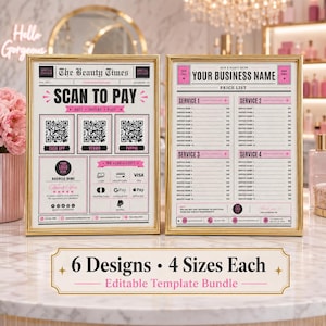 Może przedstawiać: Dwa znaki w złotych ramkach z układem w stylu gazety z różowym i czarnym tekstem. Lewy znak wyświetla 'The Beauty Times', 'SCAN TO PAY' i trzy kody QR. Prawy znak pokazuje 'YOUR BUSINESS NAME' oraz cennik usług dla klientów salonu piękności.