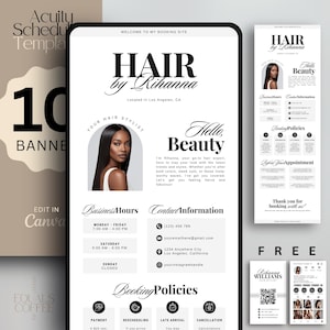 Puede incluir: Plantilla digital para un negocio de peluquería, con un diseño de sitio web móvil con el texto "Hair by Rihanna" y una foto de una mujer con cabello largo y liso. Incluye horarios comerciales, información de contacto y políticas de reserva.