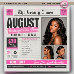 August Booking Flyer, August Appointment Booking Available, August Book Now Template Canva Editable, Hair Booking Nails Lashes Makeup Braids