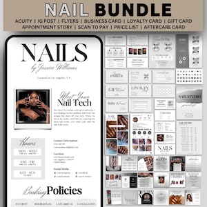 May include: A digital nail salon marketing bundle featuring templates for business cards, flyers, loyalty cards, and social media posts. The design uses a black, white, and beige color palette with text including NAIL BUNDLE and EDIT IN CANVA.