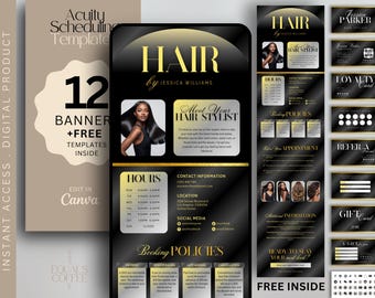 May include: Digital product template for hair stylists, featuring a black and gold design. Includes a scheduling template, business cards, loyalty cards, and more. The design includes the text "HAIR by Jessica Williams."