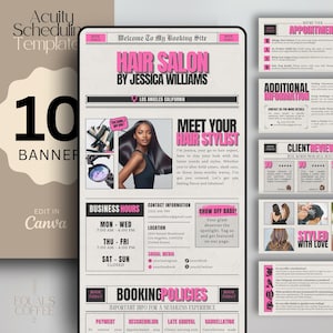 May include: Digital product template for a hair salon, featuring a pink and beige design. The template includes a banner with the text "10 BANNER" and a mobile-friendly booking site design with business hours and contact information.