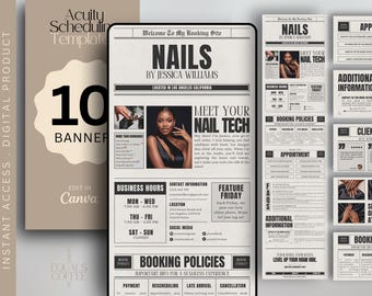 May include: Digital template for a nail salon, designed like a newspaper, with the text "NAILS by Jessica Williams." Includes business hours, contact information, booking policies, and a photo of a nail artist.