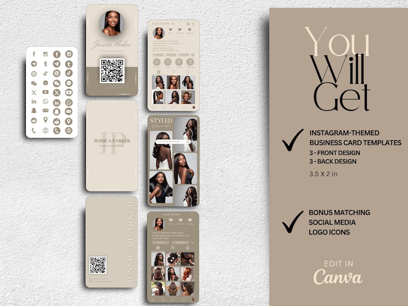 iphone Beige IG Business Card Template Canva DIY Instagram Business Cards Hair Business Cards Design Nail QR Code Cards Calling Card Canva Template business card with qr code hair salon business cards qr code card qr code template editable template