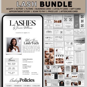 May include: A digital marketing bundle for lash technicians featuring templates for business cards, flyers, loyalty cards, and social media posts. The design uses a neutral color palette with black text on white backgrounds, including editable Canva layouts for booking policies, price lists, and contact information.