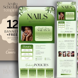 May include: A green and white digital marketing template for a nail salon. The template includes a banner, Instagram posts, and a booking page. The banner features a photo of a woman with her nails done, and the text "Nails by Jessica Williams". The Instagram posts feature photos of nails, and the text "Tag us #nailset!" and "Review". The booking page features a calendar, a list of services, and a contact form. The template is designed to help nail salons promote their business and attract new clients.