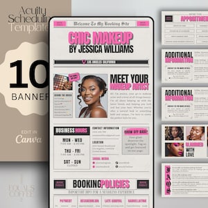 Puede incluir: Plantilla digital para el sitio de reservas de una maquilladora, con un diseño rosa y negro. Incluye horario comercial, información de contacto y políticas de reserva. La plantilla es editable en Canva e incluye 10 banners.