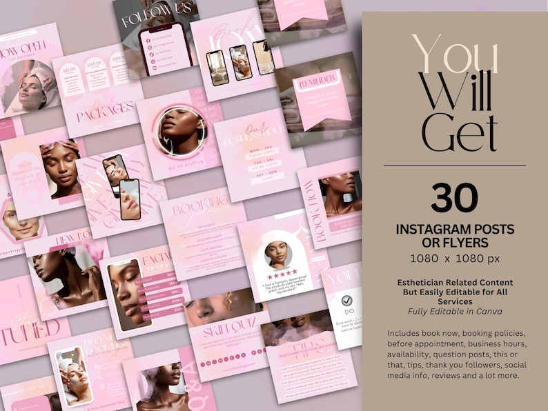 30 Esthetician Pink Instagram Post Template Canva, Esthetician Posts Flyer, Skin Instagram Template Social Media Posts Skincare Business instagram business skincare instagram skincare business esthetician instagram templates