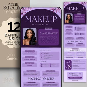 May include: Purple and white business card template for a makeup artist. The card features a photo of the artist, a description of their services, and booking information. The text on the card reads "Makeup Artist", "Booking Policies", "Appointment", and "Ready to slay your next look?"