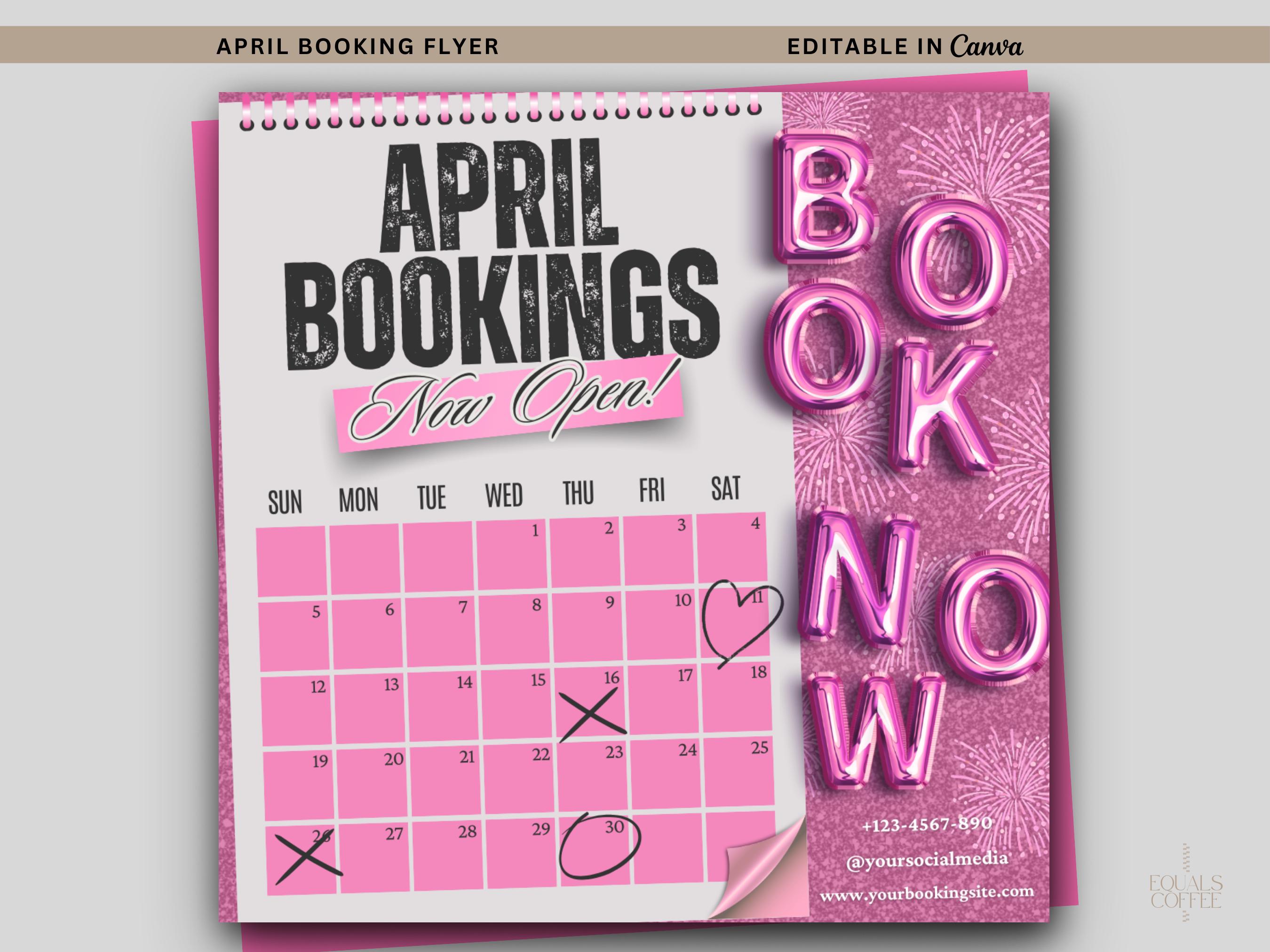 April Booking Calendar Editable Template, April Flyers Template April ...