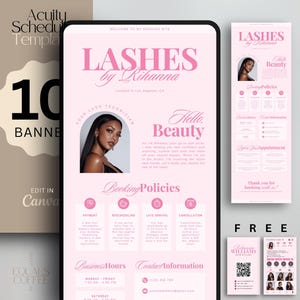 Peut inclure: Modèles numériques pour une technicienne en cils, avec un design rose et blanc. Les modèles comprennent des bannières, des politiques de réservation et des cartes de visite. Le texte comprend "Lashes by Rihanna" et "Hello Beauty".