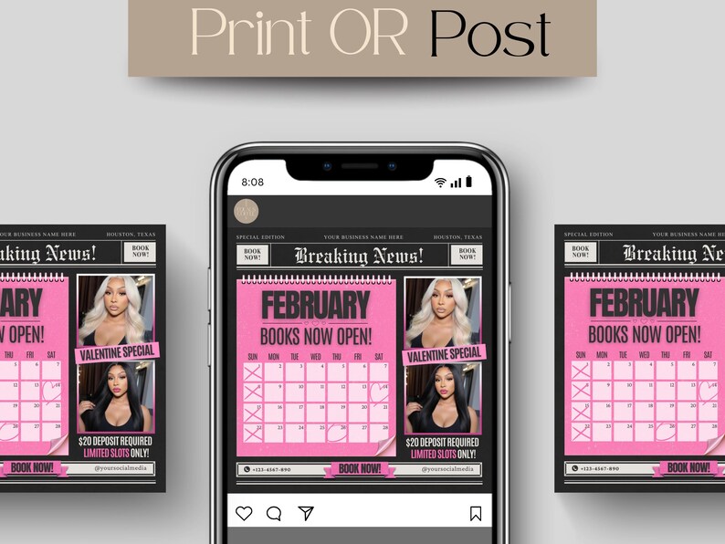 February Calendar Booking Template February Booking Flyers Valentine ...