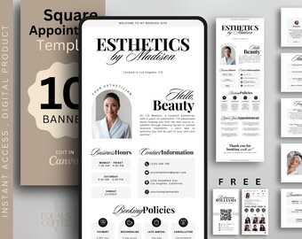 Sitio web minimalista de reservas, plantilla de reservas cuadrada, plantilla de sitio web para esteticistas, plantilla de citas cuadradas estéticas, programación Canva