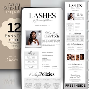 May include: A set of 12 printable banner templates for a lash technician business. The templates are designed in a black and white color scheme with a modern and minimalist aesthetic. The templates include a logo, contact information, hours of operation, booking policies, and a gift card. The text on the templates reads "LASHES by Jessica Williams", "Meet Your Lash Tech", "Booking Policies", "Loyalty Card", "Gift Card", and "Free Inside".