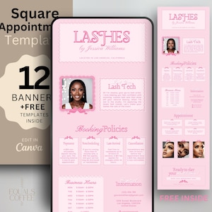 Könnte beinhalten: Werbung für ein digitales Produkt für ein Wimperngeschäft mit einem rosa und weißen Design. Das Design umfasst eine grafik in Telefonform mit Geschäftsinformationen, ein Foto einer Frau und Visitenkarten. Der Text enthält "Lashes by Jessica Williams."