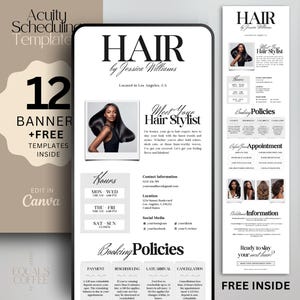 Peut inclure: Un modèle de conception graphique noir et blanc pour une entreprise de coiffeur. Le modèle présente une photo d'une femme aux longs cheveux noirs, un titre qui dit "HAIR by Jessica Williams" et une section pour les politiques de réservation. Le modèle est conçu pour être utilisé pour les médias sociaux ou le marketing imprimé.