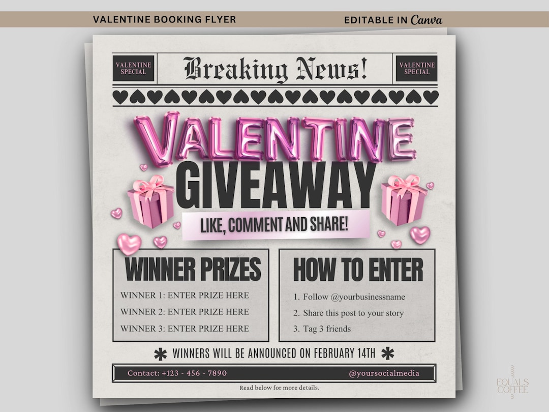 Valinetines Raffle Poster Valentines Giveaway Flyer Editable Canva Template, Valentines Day ...