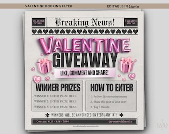 Valentines Giveaway Flyer Editable Canva Template, Valentines Day Raffle Giveaway Flyers, Valentine Raffle Flyer Template For Hair Nail Lash
