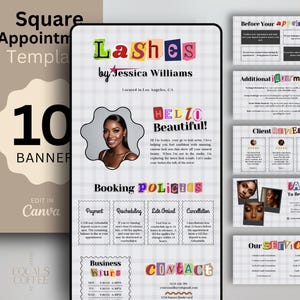 May include: Digital product: A square appointment template with the text "Lashes by Jessica Williams" and "Hello Beautiful!" in colorful, cut-out style letters. Includes booking policies, business hours, and contact information. The template is designed to be edited in Canva.