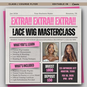 Könnte beinhalten: Ein rosa-beiger Flyer für einen Lace Wig Masterclass, mit dem Text "EXTRA!! EXTRA!! EXTRA!!" in Pink. Der Flyer enthält Informationen darüber, was gelernt wird und was enthalten ist, sowie zwei Fotos von Frauen mit Perücken.