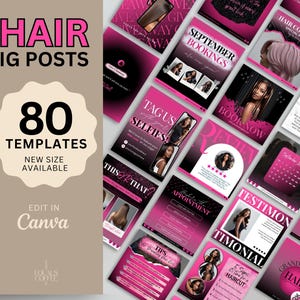Może przedstawiać: Zestaw 80 szablonów postów na Instagram dla salonów fryzjerskich, w różowo-czarnej kolorystyce. Szablony zawierają teksty takie jak "Rezerwacje na wrzesień", "Oznacz nas w selfie" i "Koloryzacja włosów". Szablony można edytować w Canva.