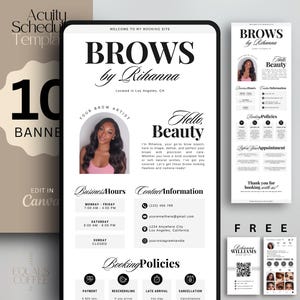 May include: Digital product featuring a mobile phone screen displaying a "Brows by Rihanna" booking site template. The design is black and white with a photo of a woman. Includes business hours, contact info, and booking policies.