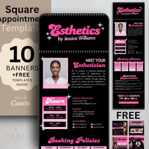 May include: A black and pink Instagram post template for an esthetician's business. The template includes a photo of the esthetician, a description of their services, and a booking policy. The template also includes a call to action to book an appointment. The text on the template reads "Esthetics by Jessica Williams", "Meet Your Esthetician", "Hours", "Booking Policies", "Your Skin Deserves The Best Care", and "Free".