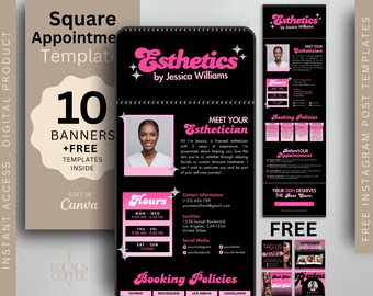 Plantilla cuadrada de Black Square Up para reservas de citas de esteticista, banner para sitio web de reservas de esteticista, plantilla de Canva DIY.