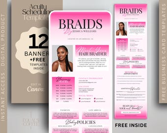May include: Digital product templates for hair braiding services. The design features a pink and white color scheme with the text "BRAIDS by Jessica Williams" and includes business card templates and scheduling templates.