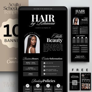 May include: A digital Acuity Scheduling template for hair stylists featuring a black and white color scheme. The layout includes sections for business hours, contact information, booking policies, and a photo of a person with long dark hair.