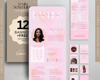 Może przedstawiać: Różowo-biały szablon marketingu cyfrowego dla stylistki rzęs. Szablon zawiera baner z tekstem "12 banerów + bezpłatne posty na Instagramie", zdjęcie kobiety i sekcję z tekstem "Poznaj swoją stylistkę rzęs".