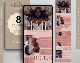 May include: A pink and white business card template for a hair salon. The card features a collage of images of women with different hairstyles, along with the salon's name, "Hair by Jessica Williams", contact information, business hours, and booking prices.