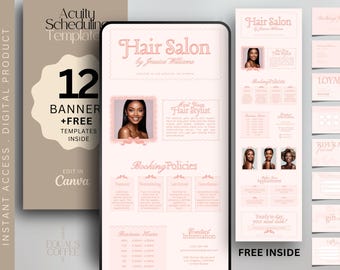 May include: A digital product template for a hair salon, featuring a phone mockup with salon information, business cards, and a banner. The design is in soft pink tones with the text "Hair Salon by Jessica Williams."