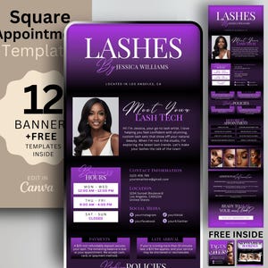 May include: Digital product template for lash extensions, featuring a purple and black design. Includes a banner with the text "LASHES by Jessica Williams" and a photo of a woman. Also includes business hours, contact information, and social media links.