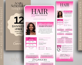 May include: Pink and white business card templates for a hair stylist. The card features a photo of a woman with long black hair, the text "Hair by Jessica Williams", and the words "Meet Your Hair Stylist".