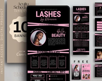 May include: Digital product template for lash services, featuring a black and pink design. The template includes booking policies, contact information, and a photo of the lash technician. The text reads "Lashes by Rihanna" and "Hello, Beauty."