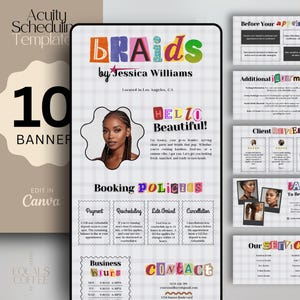 May include: Digital product template for Acuity Scheduling, featuring a design for braids by Jessica Williams. Includes 10 banners, booking policies, business hours, and contact information. The design has a photo of a woman with braids and the text "Hello Beautiful!"