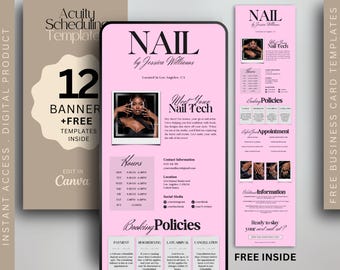 May include: Digital product template for nail salon services. The design features a pink and black color scheme with the text "NAIL by Jessica Williams" and "Meet Your Nail Tech". Includes business card templates and scheduling templates.