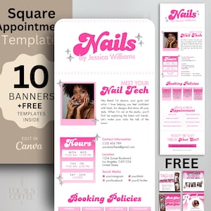 Modello quadrato per sito di prenotazione quadrato rosa Modello quadrato per appuntamenti per tech per unghie, banner per sito web bianco Modello Canva per sito di prenotazione per salone di bellezza