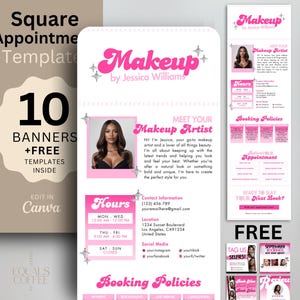 May include: Digital product featuring a makeup artist template with a pink and white design. Includes 10 banners and free templates. The template includes the artist's name, hours, booking policies, and contact information.