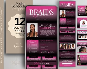 May include: Digital product template for a hair braiding business. The design features a gradient of black and pink, with the text "Braids by Jessica Williams" and "Meet Your Hair Braider." Includes Instagram posts and booking information.