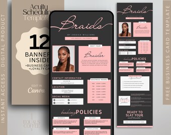 May include: Digital product template for a braiding business. The design features a black and pink color scheme with the word "Braids" in a cursive font. Includes business card template, booking policies, and contact information.